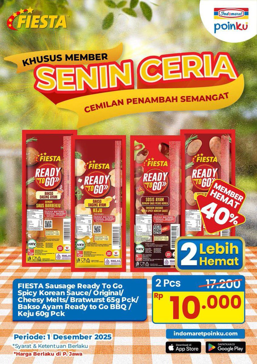 katalogpromosi's tweet image. Senin jadi lebih enak kalau ada promo begini 🔥

Beli 2 Fiesta Sausage Ready To Go di INDOMARET cuma Rp10.000 khusus member POINKU

Cek lokasi &amp;amp; detail promonya di sini 👉 katalogpromosi.com/promo-indomare…
#Indomaret #FiestaReadyToGo #PromoMember