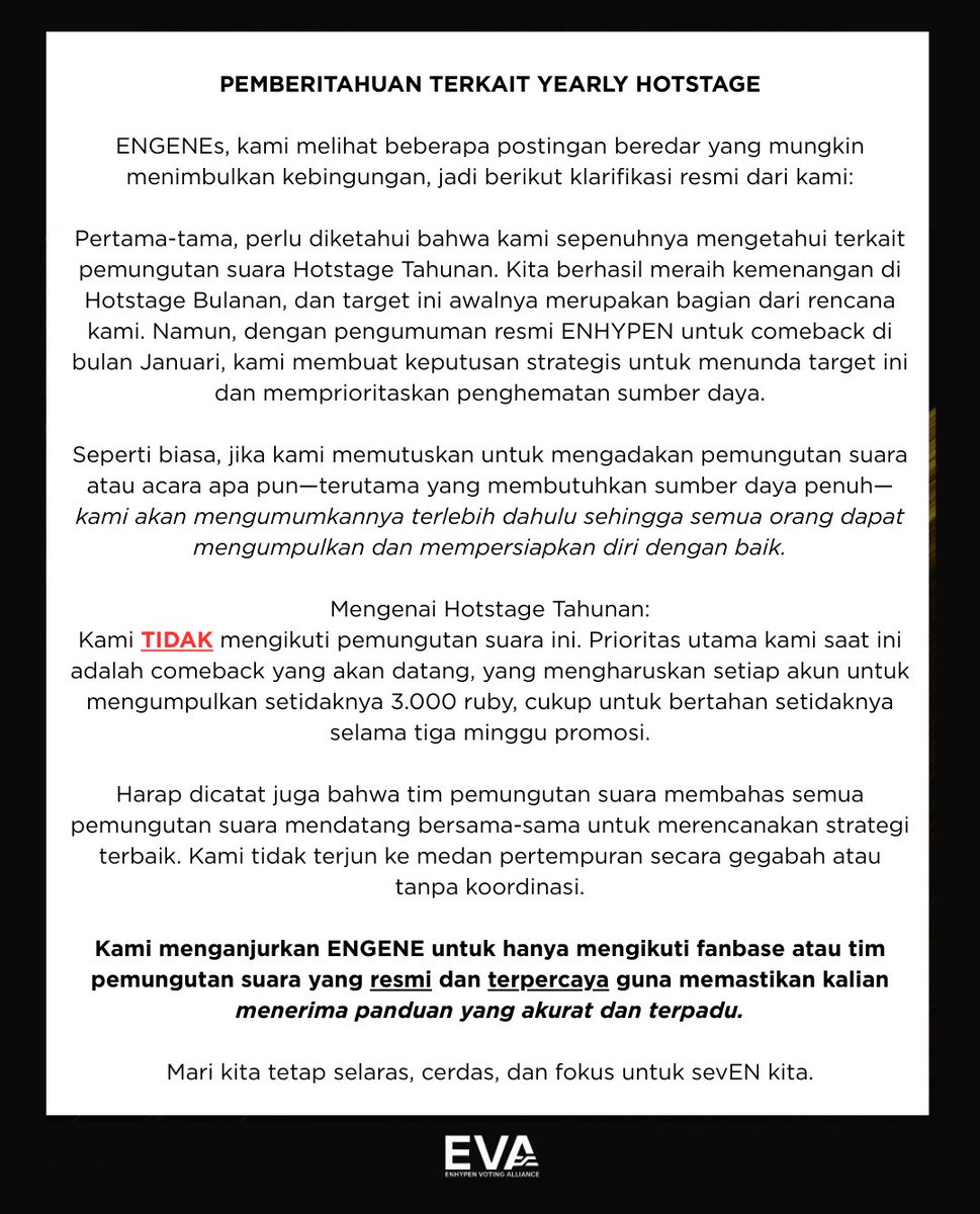ENHYPENVTID's tweet photo. [HIGHER] — YEARLY HOTSTAGE NOTICE

ENGENEs, kami meminta kalian untuk membaca dan mengikuti pemberitahuan yang dibagikan oleh Tim Voting resmi agar terhindar dari kebingungan dan mencegah penyebaran informasi yang keliru🙌🏻 https://t.co/kG9COwg0xN