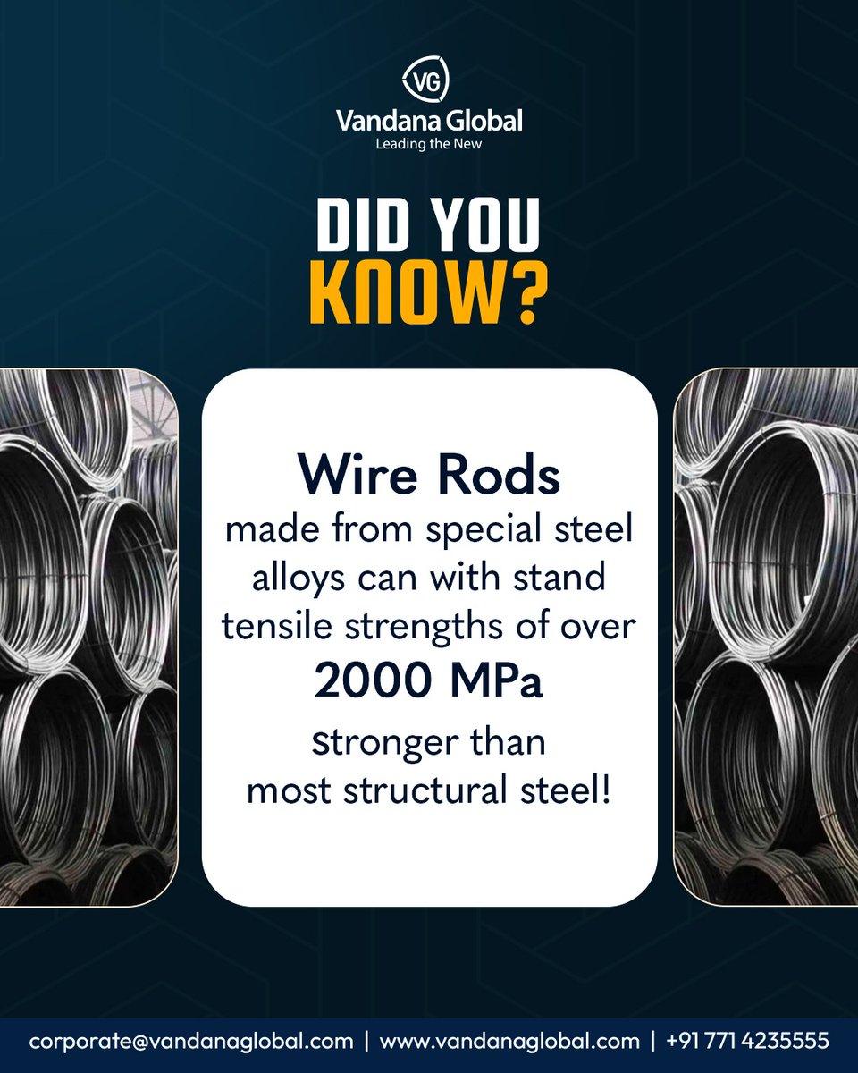 GlobalVandana's tweet image. Strength that defies limits! 💪🔩

Our wire rods aren't just stron

#WireRods #SteelStrength #TensileStrength #VandanaGlobal #SteelManufacturing #EngineeringExcellence #HighPerformanceSteel #ConstructionMaterials #IndustrialSteel #SteelInnovation #BuildingStrong #QualitySteel