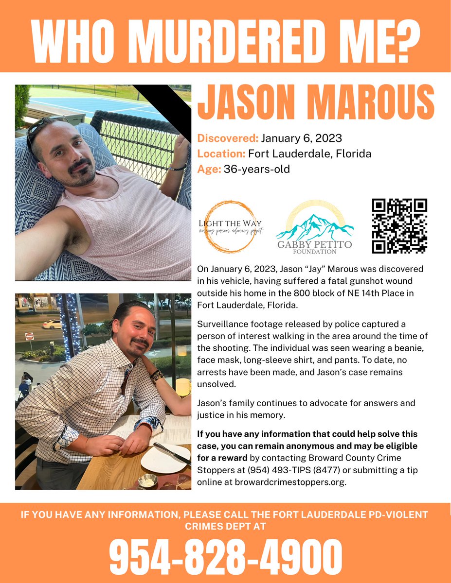 LightTheWay22's tweet photo. On Jan 6, 2023, #JasonMarous was discovered in his vehicle, having suffered a fatal gunshot wound outside his home Fort Lauderdale, #Florida.
Surveillance footage released by police captured a person of interest walking in the area around the time of the shooting. The individual was seen wearing a beanie, face mask, long-sleeve shirt, and pants. To date, no arrests have been made, and Jason’s case remains unsolved.
Jason’s family continues to advocate for answers and justice in his memory.
#TipTuesday #Reward