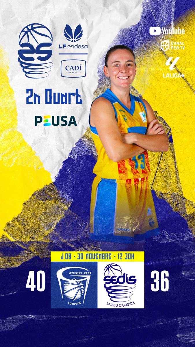 🦋 #LFEndesa J8 l 2Q

⬛️🟥 <a href="/GKesb/">Lointek Gernika Bizkaia</a> 40
⬜️🟦 <a href="/sedisbasquet/">AE Sedis Bàsquet</a> 36

📍Maloste

📺 canalfeb.tv l youtube <a href="/BaloncestoESP/">Baloncesto España</a> | <a href="/LaLigaPlus/">LALIGA+</a> 

 Som-hi!!! 💙🤍

#sentelsedis🏔️🏀