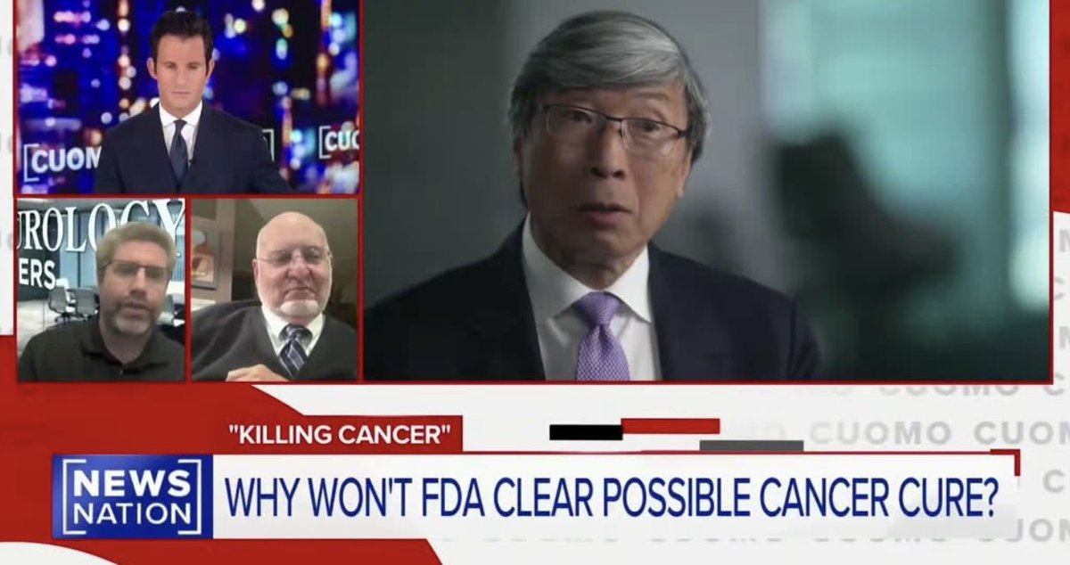Split-screen TV interview screenshot from NewsNation show 'Killing Cancer' hosted by Chris Cuomo (top-left, dark suit, city lights background); Dr. Patrick Soon-Shiong (glasses, gray hair, suit, speaking); Robert Redfield (bald, glasses, suit); another man (brown hair, glasses, office background). Red banner with show title and question; NewsNation logo bottom-left.