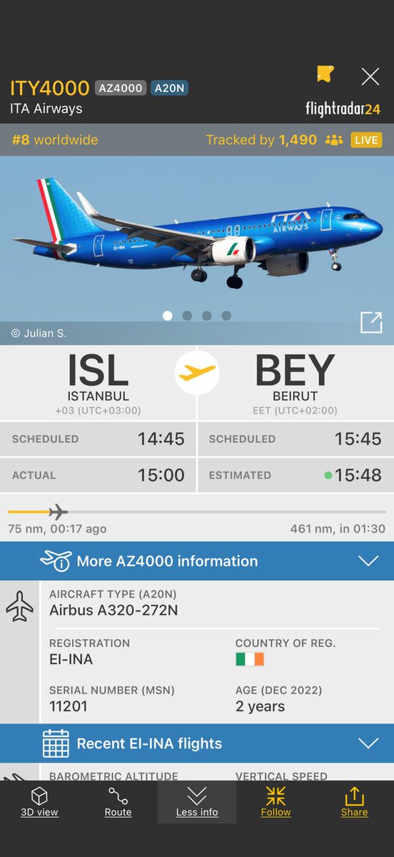Flight AZ4000 from Istanbul to Beirut
fr24.com/ITY4000/3d508e…