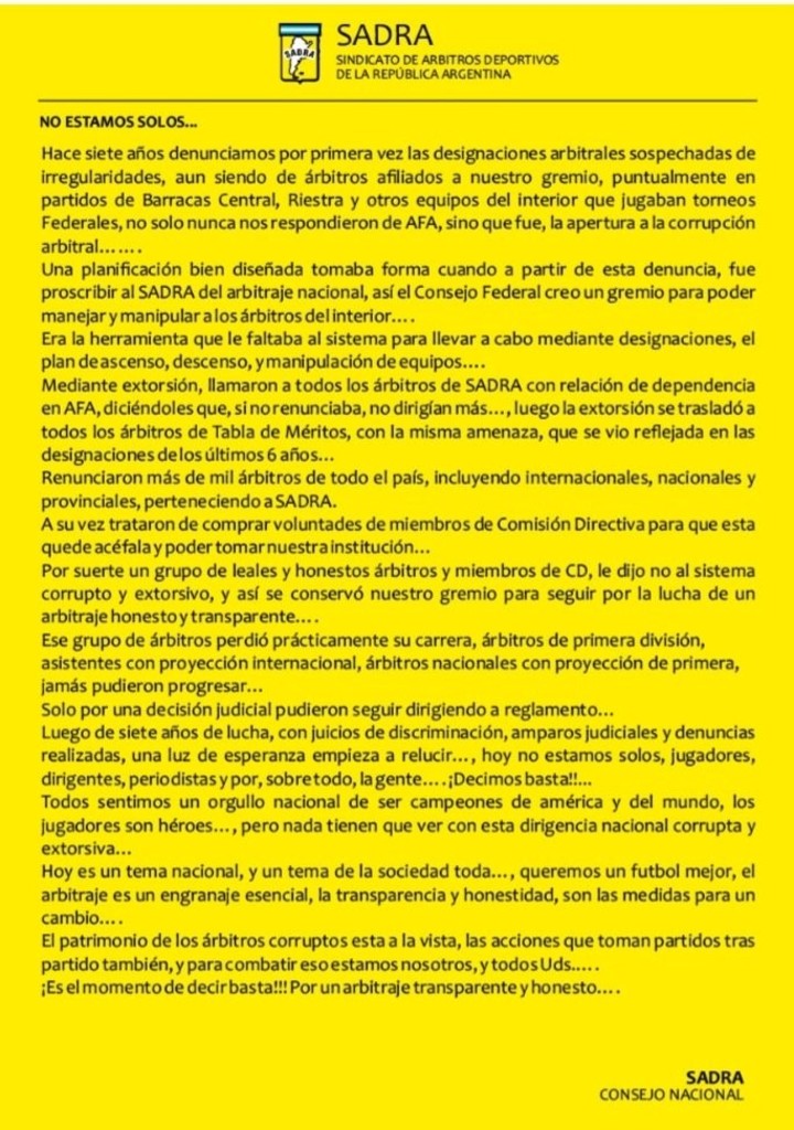 LOS ÁRBITROS DEL SADRA ACUSAN A LA AFA DE MANIPULAR DESIGNACIONES Y RECLAMAN UN CAMBIO URGENTE EN EL FÚTBOL ARGENTINO

El Sindicato de Árbitros Deportivos de la República Argentina (SADRA) denunció irregularidades y presiones en el sistema de designaciones arbitrales y acusó a la