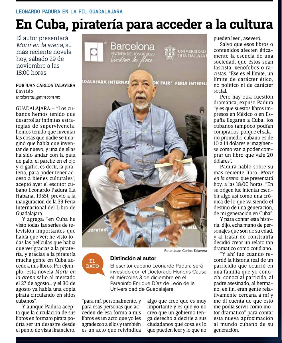 En Cuba, piratería para acceder a la cultura: Leonardo Padura
excelsior.com.mx/expresiones/fi…