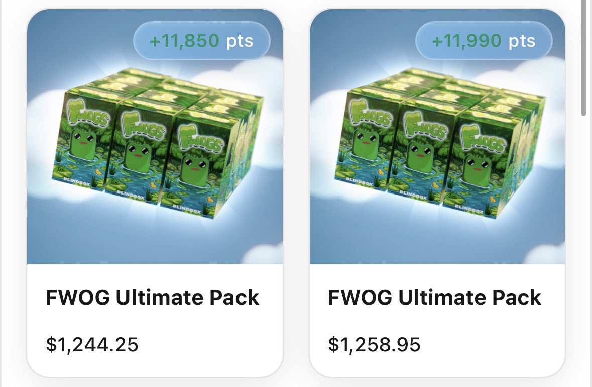 • Single Pack: 25$ -> 100$
• Collectors Pack: 130$ -> 720$
• Ultimate Pack: 240$ -> 1250$

Just fwogs collecting fwog phygitals. Blind Boxes are the only way to get the whitelist for the upcoming fwogs collection

Make sure to submit your EVM wallet on the <a href="/phygitals/">phygitals</a> website💚