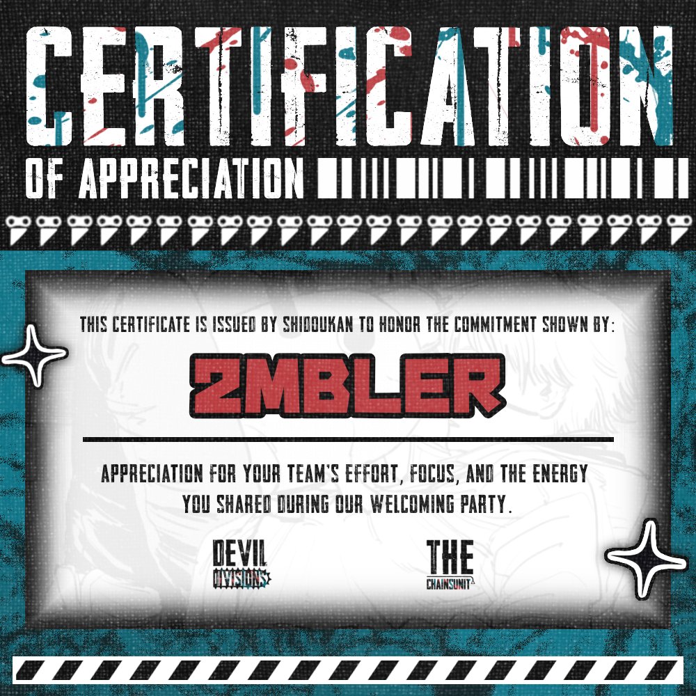 DevilDivisions's tweet image. Good work, 𝟮𝗠𝗕𝗟𝗘𝗥. @jwonnuxx @kittyejiii @Hanzqen @gunthp @Siakkura @mipnje @lizyeoyo You’ve done well as new devil hunters. Thanks for the effort, let’s keep moving forward together.