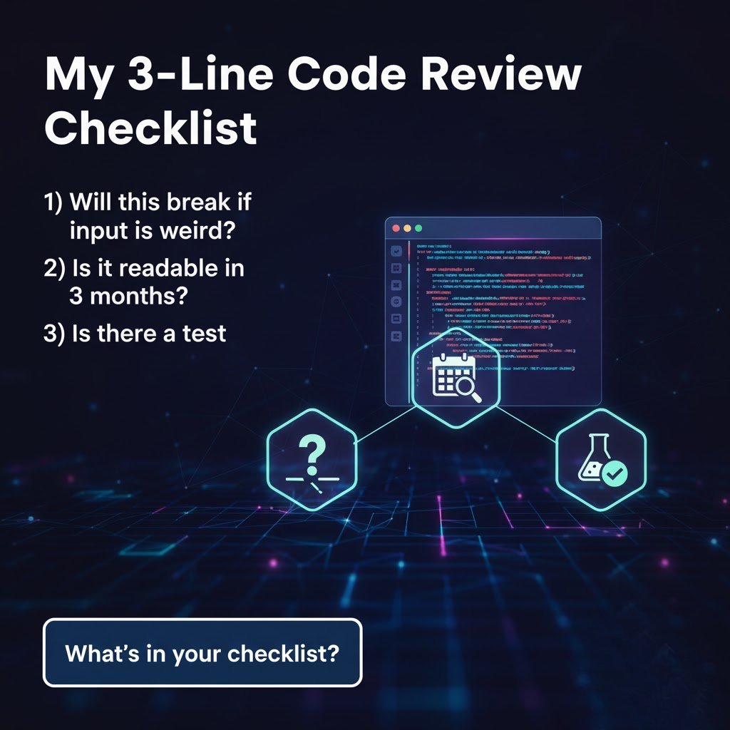 tamimalhridoy's tweet image. My 3-Line Code Review Checklist
1) Will this break if input is weird? 2) Is it readable in 3 months? 3) Is there a test?

What’s in your checklist?

 #CodeReview #CleanCode #TamimAlHridoy #SoftwareEngineering