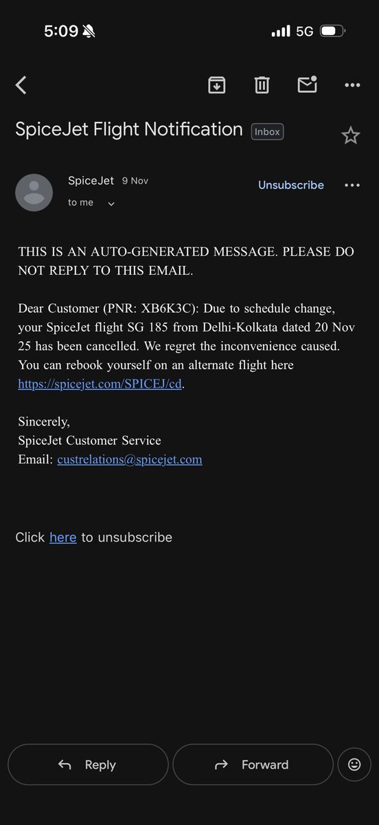 soumyadip_1999's tweet image. URGENT: Flight SG185 (PNR: XB6K3C) was cancelled by @flyspicejet on 9 Nov. Still no refund from @goibibo. This delay is causing major inconvenience. Please resolve at the earliest. #RefundDelay #Goibibo #spicejet