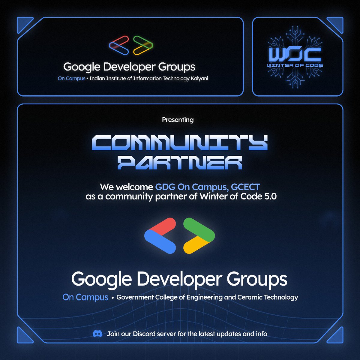gdsciiitkalyani's tweet photo. We’re thrilled to announce GDG On Campus GCECT as a Community Partner for Winter of Code 5.0 in collaboration with GDG On Campus IIIT Kalyani ❄️
Register now: https://t.co/6cawfiXq3g
Partner with us: https://t.co/IcOuiuKn4s
#WinterOfCode5 #GDGGCECT #GDGOnCampus https://t.co/Bnth5tpgSX