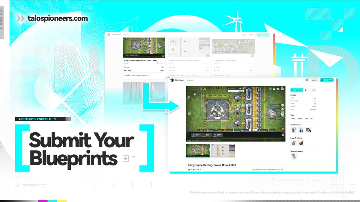 lens_the_martyr's tweet image. I made a blueprint sharing website for Endfield with a couple of friends, please check it out!

#ArknightsEndfield #Endfield #EndfieldBetaTestII