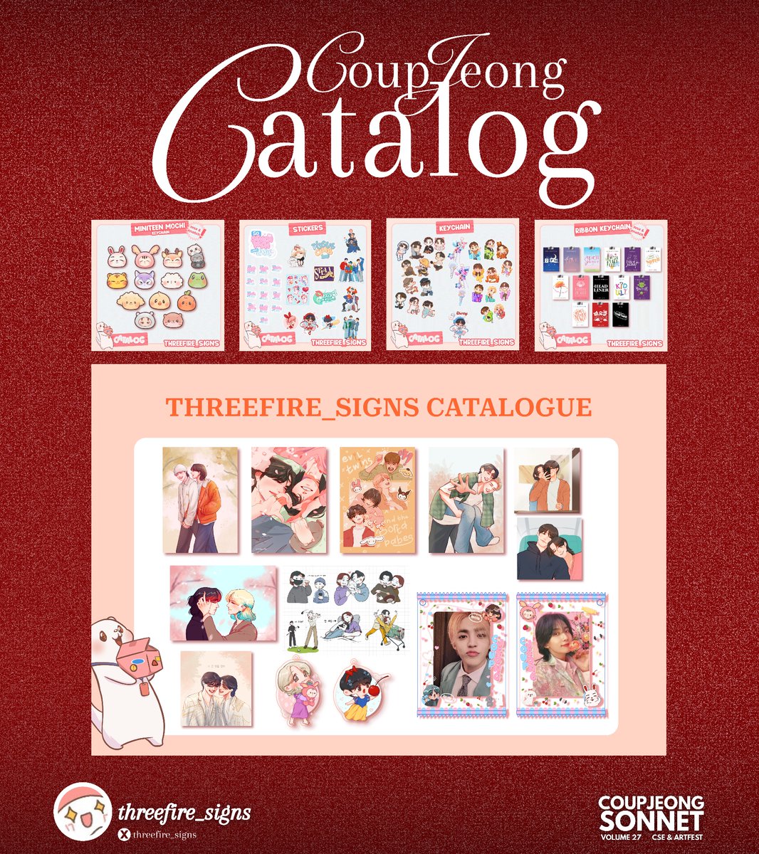 cseforcoupjeong's tweet image. 🎨✨ CSE for Coupjeong Presents ✨🎨

Presenting our first batch for the Coupjeong Catalog in our upcoming Artfest this Jan 24, 2026. 

Don’t miss the chance to catch @threefire_signs catalog and be sure to check out their social media account.

#CoupJeongSonnet #CoupJeongArtfest