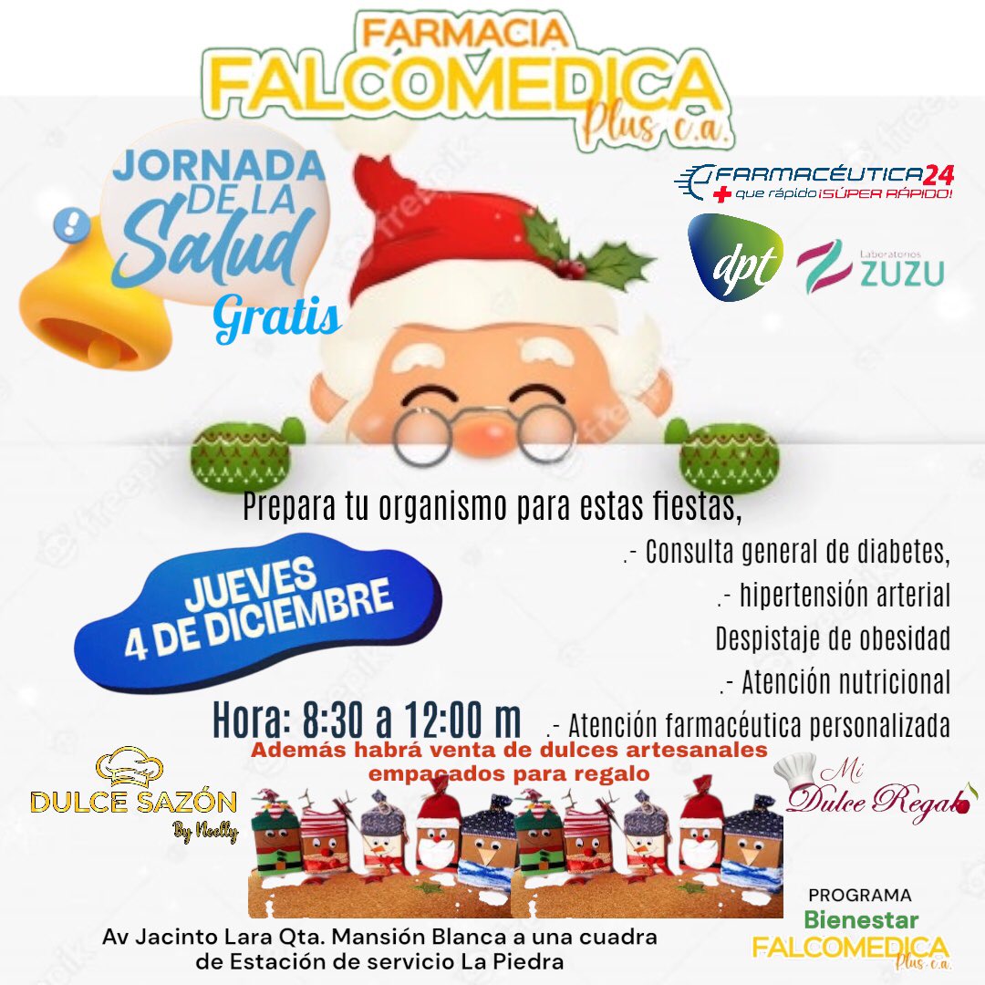 TE ESPERAMOS !!! Asiste a tu consulta medica y prepara tu organismo en estas fiestas venideras cuidando de ti, bajo control médico y gratis, 
Habrá venta de galletas artesanales de navidad empacadas solo 2$ y aprovecha de hacer un obsequio a un ser querido o a tus clientes