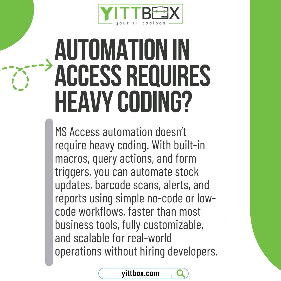 yittbox's tweet image. Automation in MS Access doesn’t need heavy coding.
You can automate with simple no-code workflows that scale with your operations. ⚙️📊

#MSAccess #ProcessAutomation #BusinessAutomation #LowCode #NoCode #DigitalTransformation #DataManagement #OperationsManagement