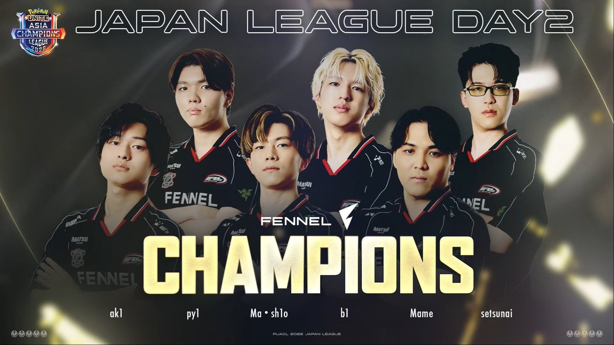 poke_unite_jp's tweet photo. #PUACL2026 日本リーグ グループステージ Day2
1位となったのは...🏅

【FENNEL】 

おめでとうございます🎊

日本リーグ Day3 は 12/14（日）11:00から開始！
グループステージもまだまだ始まったばかり👀
プレイオフ進出をかけた争いはさらに激化します💥
1戦も見逃せない戦いを引き続きご期待ください✨

#ポケモンユナイト #ポケユナ #ポケユナ日本リーグ