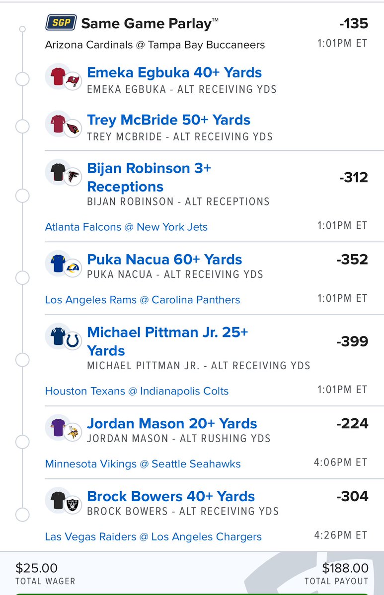 BigToney8's tweet image. 🏈 NFL Props Parlay 🏈

Link in comments 🔗

$25-----&amp;gt;$188🔥

#NFL #NFLPicks #sundayvibes #GamblingTwitter