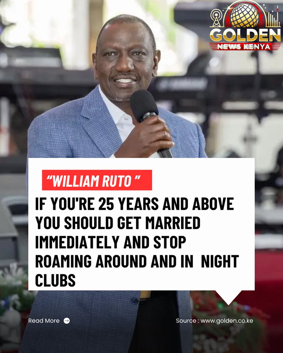 KazzKenya's tweet photo. President William Ruto has urged any Kenyan who is 25 years and above to get married as it will reduce unhealthy behaviours among unmarried people, according to Ruto, their's a a trend where unmarried men and women roam around with no purpose.
#home4kenyanstories https://t.co/yXmHNUwUWv