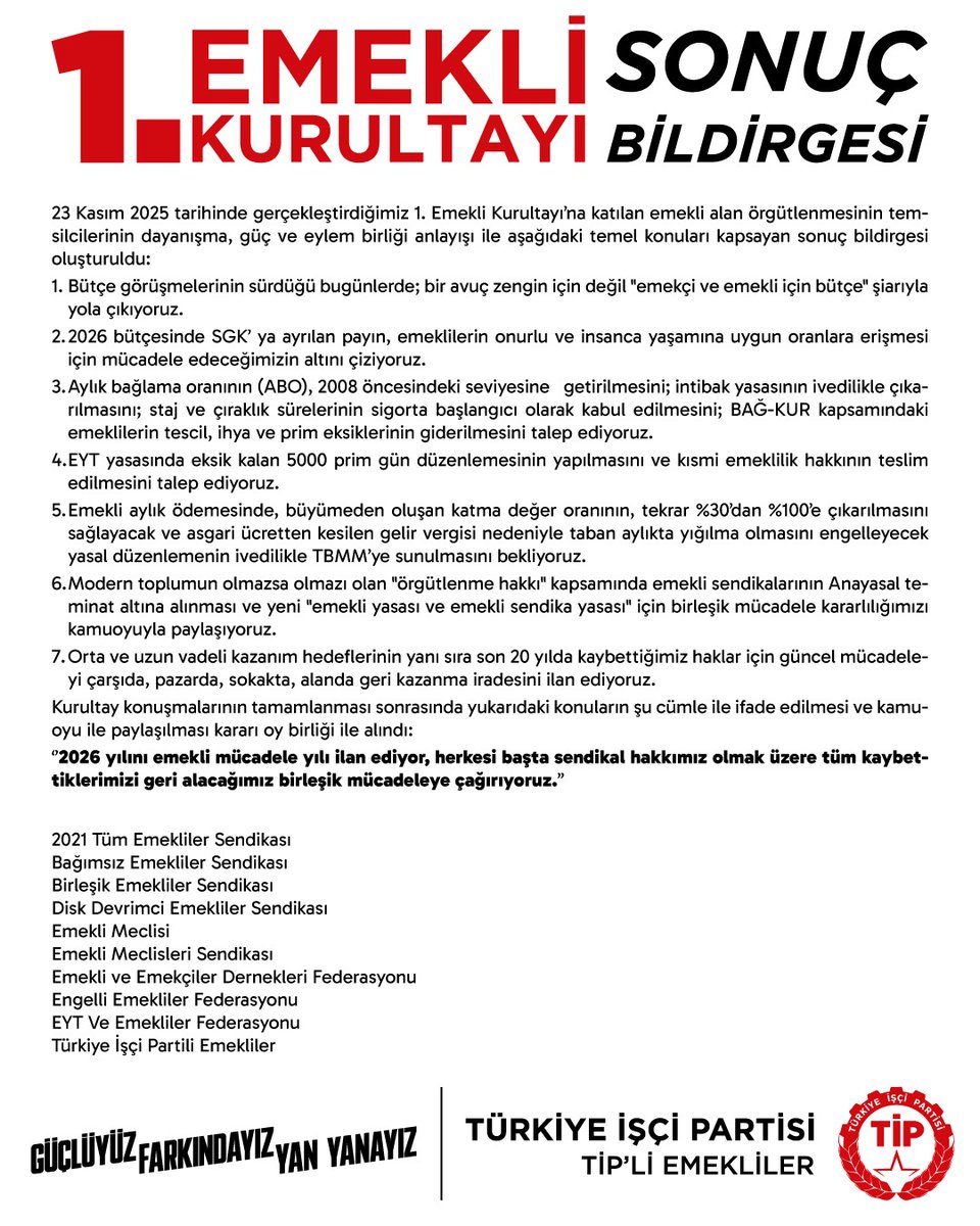 TİP'li Emekliler, 2026 yılını emekli mücadeli yılı ilan ediyor, herkesi, başta sendikal hakları olmak üzere tüm kaybettiklerini geri alacakları birleşik mücadeleye çağırıyorlar!