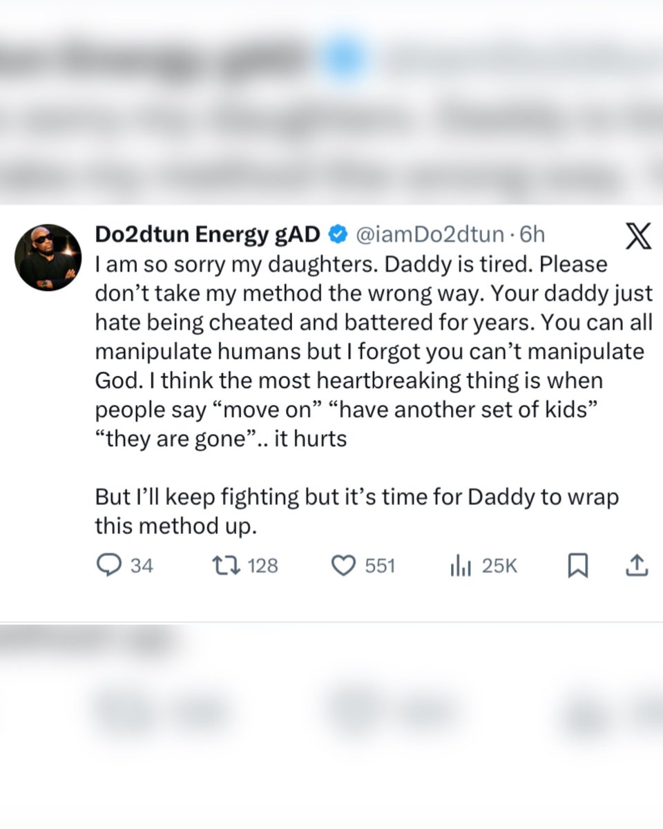 99Pluz's tweet photo. “My fight ends here,” Do2dtun writes, sharing raw thoughts on the pain of being separated from his daughters for over 1,000 days.
He reflects on strangers who stood by him, friends who weren’t there, and the lessons men and women face in parenting and accountability.
#Do2dtun #99Pluz