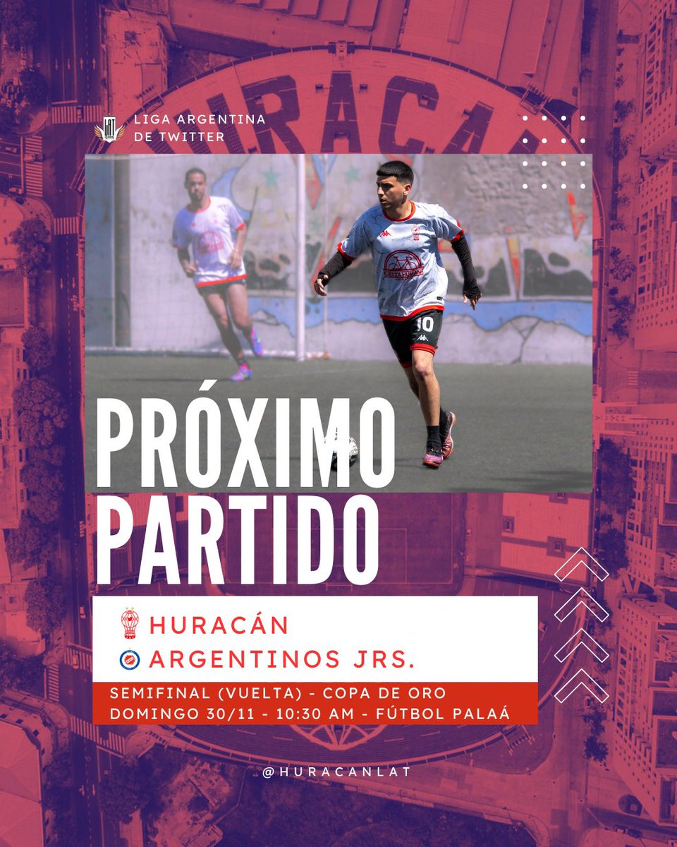 ¡PRÓXIMO PARTIDO! 🔜 
SEMIFINAL (VUELTA)- COPA DE ORO

🐞 vs. Argentinos Jrs.
🗓️ Domingo 30/11
🕥 10:30 AM
🏟️ Fútbol Palaá

<a href="/LAT_ARG/">LAT - 𝑳𝒊𝒈𝒂 𝑨𝒓𝒈𝒆𝒏𝒕𝒊𝒏𝒂 𝑻𝒘𝒊𝒕𝒕𝒆𝒓</a> 
#DaleHuracan 🎈