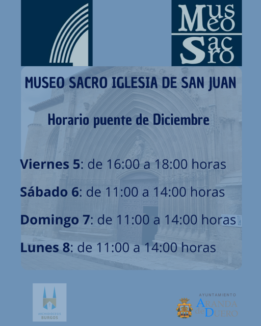 👇🗓️  Aquí tenéis los horarios de apertura del Museo Sacro Iglesia de San Juan para el próximo puente de Diciembre 

#FelizDomingo #artesacro #artegotico                                
 #arandadeduero #historiadelarte #puentedeDiciembre