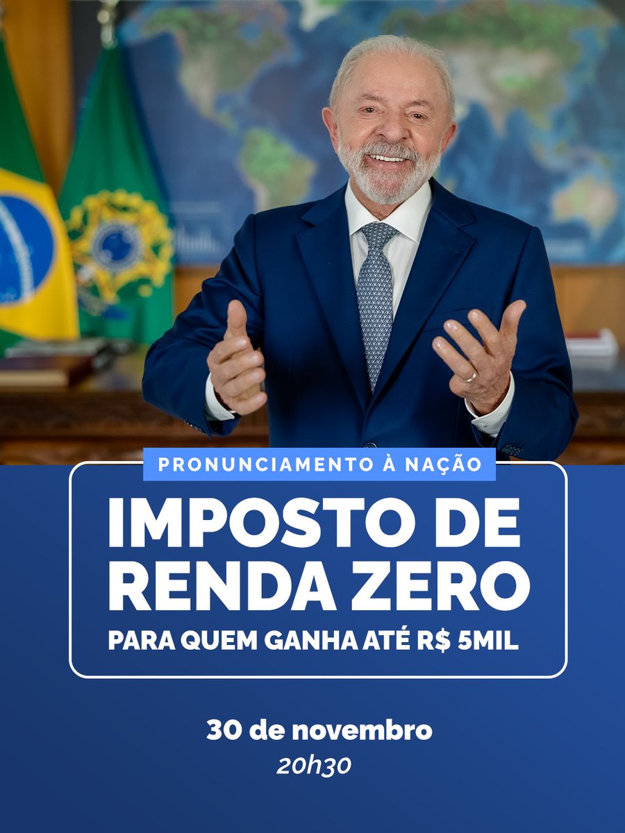 LulaOficial's tweet image. Bom dia! Hoje nós temos um encontro marcado, às 20h30, em rede nacional de rádio e TV. Vamos conversar sobre a nova lei do Imposto de Renda zero para quem ganha até R$ 5 mil.

Espero vocês! Vamos juntos, construindo um Brasil mais justo e com mais oportunidades para os…
