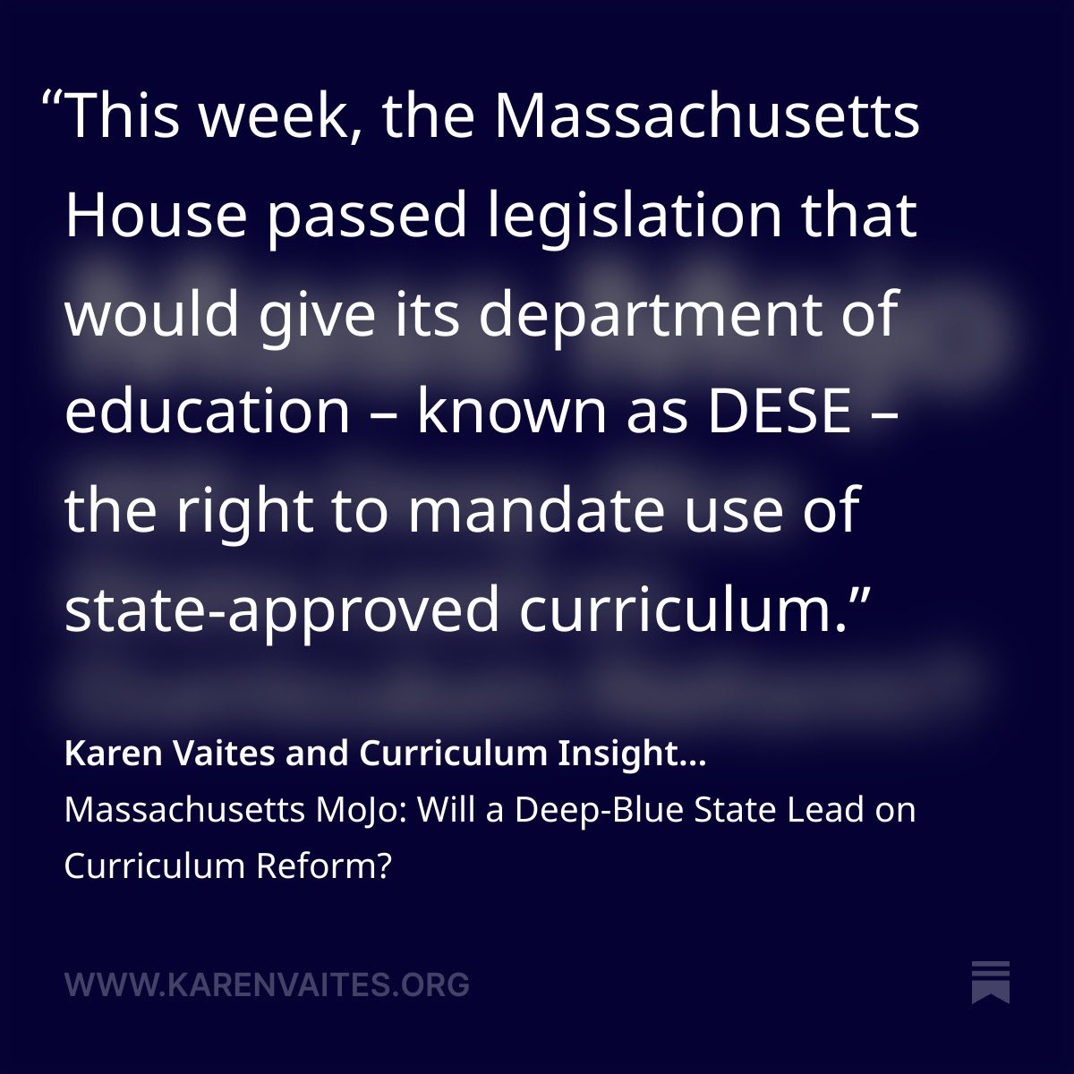This month, the Massachusetts senate will consider a bill to restrict local control in curriculum selection.

It passed the House unanimously.

I wrote about it recently.

MTA opposed the bill, but resistance from the education community has been surprisingly low. I think the