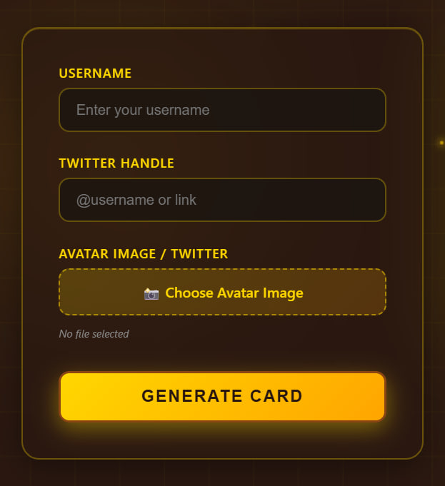 🍯 INSTRUCTIONS FOR ID CARDS 📝

Enter:
1. Your nickname
2. Twitter link or <a href="/nickname/">NOME COMPLETO</a>
3. Download your Twitter avatar

Click "GENERATE" and get a unique card 🐝
Link: crypto-hivecolb.netlify.app
