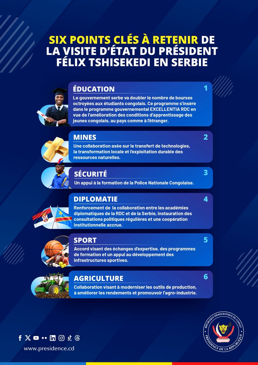 Presidence_RDC's tweet photo. Six points clés à retenir de la visite d’État du Président Félix Tshisekedi en Serbie 🇷🇸.
@avucic @skupstina_rs https://t.co/yX9gji34Cx