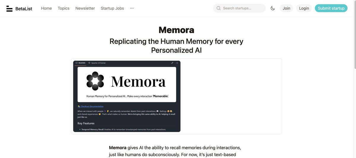 MemoraCore's tweet image. Memora Startup on @BetaList 

 betalist.com/startups/memor…