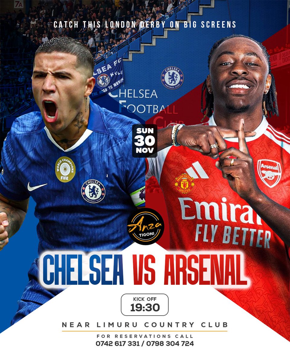 Two teams flying, two fanbases buzzing. Chelsea vs Arsenal is set to be a blockbuster.🍿
Form is high, pressure is real… so tonight, is London blue or red? 💙❤️ 
Catch the full action live at Anza Tigoni.

📍Near Limuru Country Club
📞:0742 617 331/0798 304 724

#anzatigoni