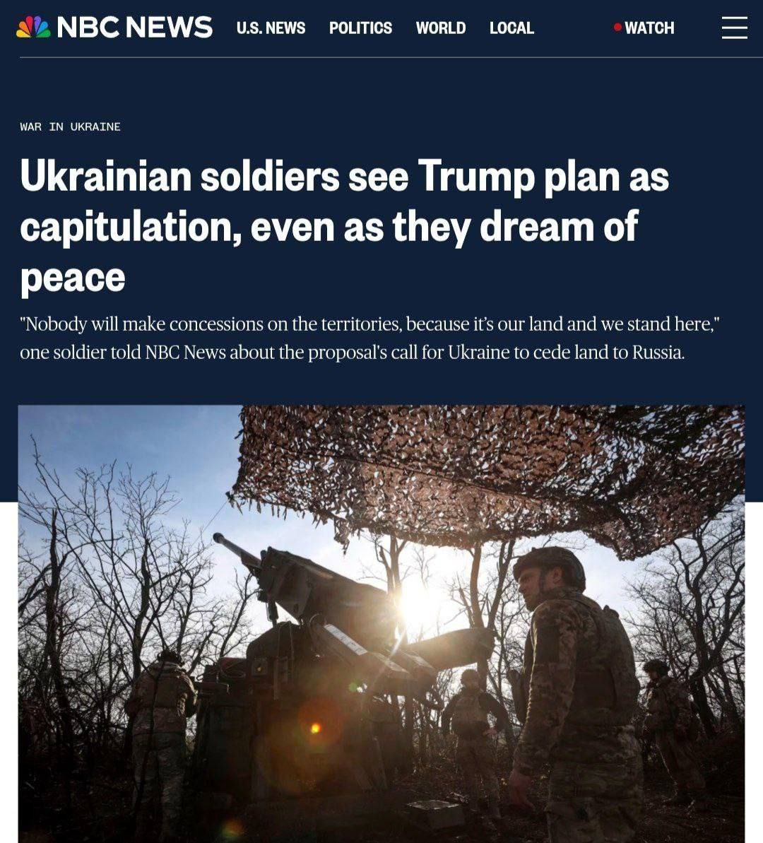 🇺🇦 The Armed Forces of Ukraine will not withdraw from Donbas, even if a corresponding order is received, - as NBC News writes, this was stated by Ukrainian soldiers stationed in this direction.

Ukrainian military sees Trump peace plan as capitulation, not peace they seek.

On