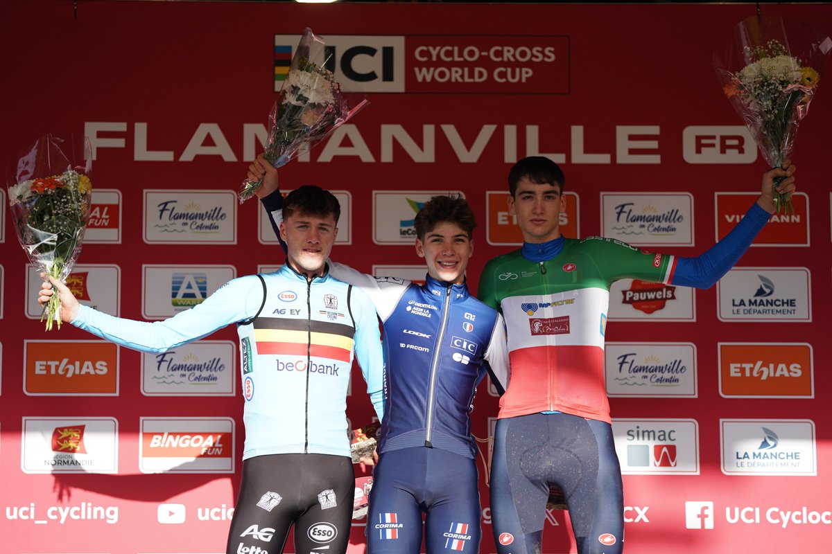 Men Under-23 🏆 in Flamanville: 

🥇 Aubin Sparfel 🇫🇷
🥈 Yordi Corsus 🇧🇪
🥉 Stefano Viezzi 🇮🇹

#CXWorldCup