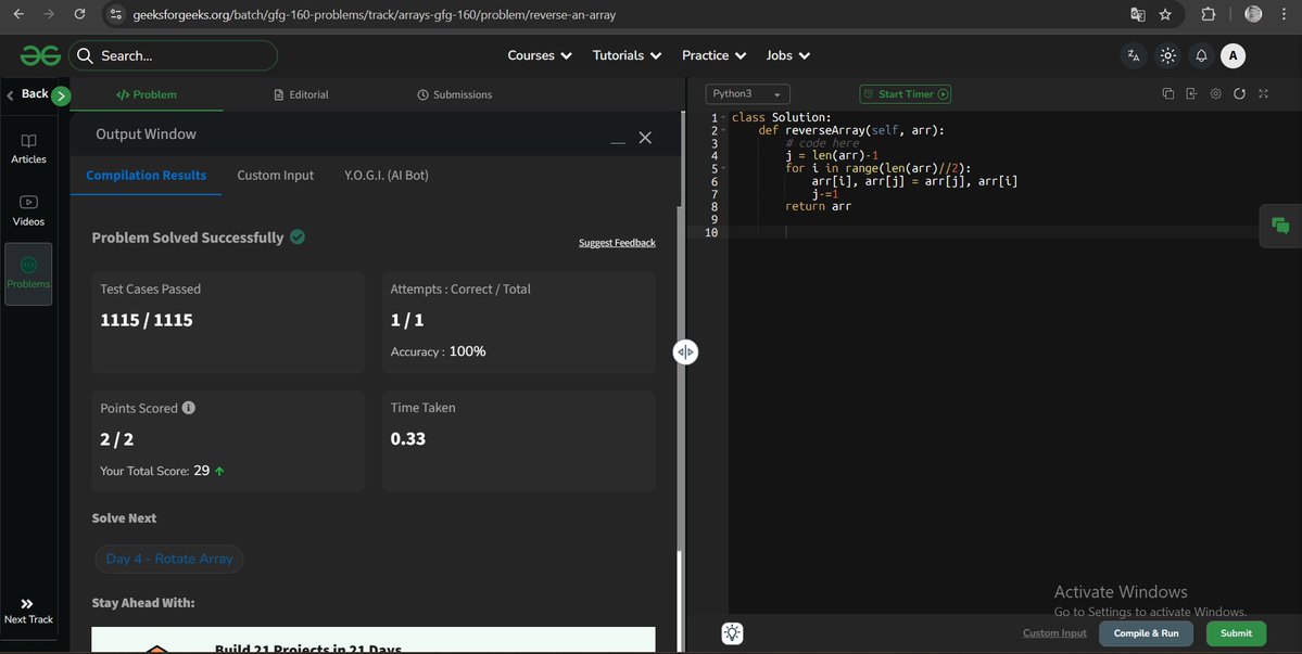 AkashYadav58819's tweet image. Day 3: Reverse an Array  
My Approach: Traverse the array up to half its length and simultaneously swap each element with the one at position (len(arr)-i-1). Finally, we get the reversed array.
#DSA #Array