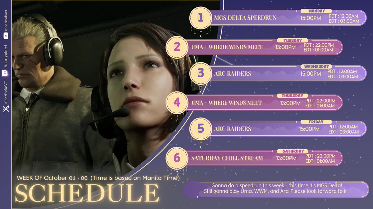 Hiya, #foxtrots #友ようこたち！Here is this week's schedule. We are going to do a MGS Delta Speedrun, but we'll also be playing Arc, Uma, and Where Winds Meet !

Please look forward to it!
#vtuber #envtuber #jpvtuber #phvtuber