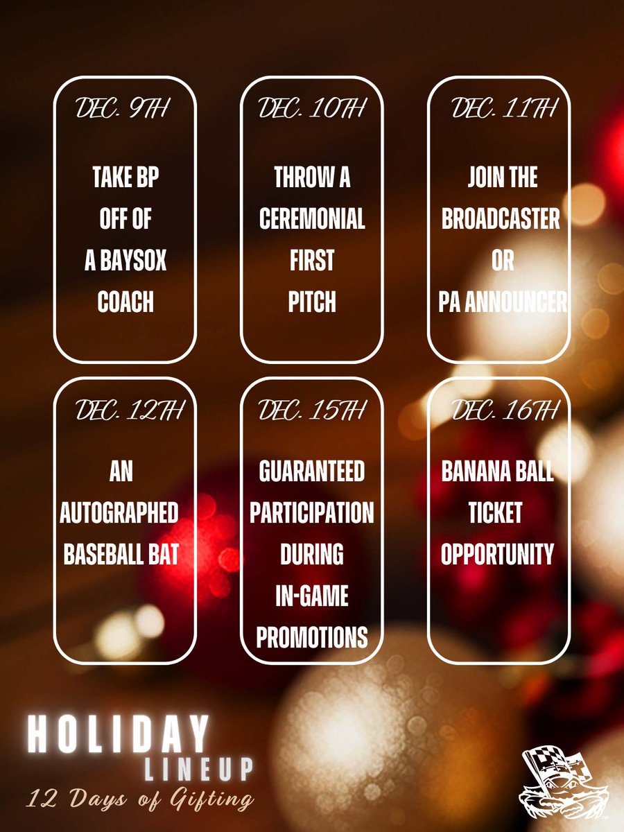BaysoxOfficial's tweet photo. ‘Tis the Season, Baysox Fans! 🎁
 
The holidays are officially rolling with our 12 Days of Gifting, beginning Dec. 1st!
 
When you purchase a 30-game undated plan, 20-game undated plan, or a full-season plan, you’ll unlock that day’s holiday gift!

#12DaysOfGifting #GoBaysox https://t.co/0TiMjRU8xQ