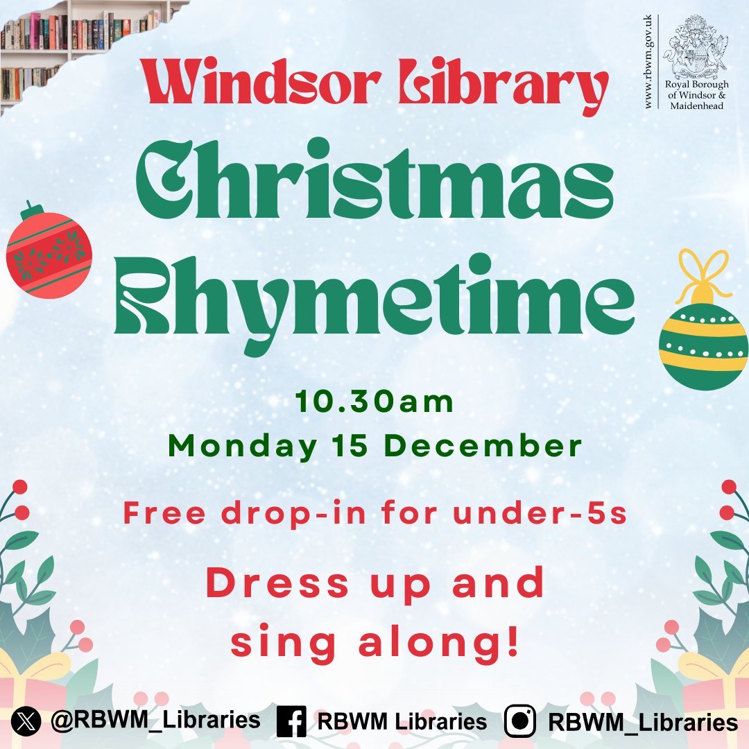 Get into the festive spirit at Windsor Library's Christmas Rhymetime 🎄 

Join us to dress up and sign along 🎵 

This is a free drop-in event aimed at under-5s and family.

#RBWMLibraries #Maidenhead #ChristmasInMaidenhead #MaidenheadLibrary #FreeActivities