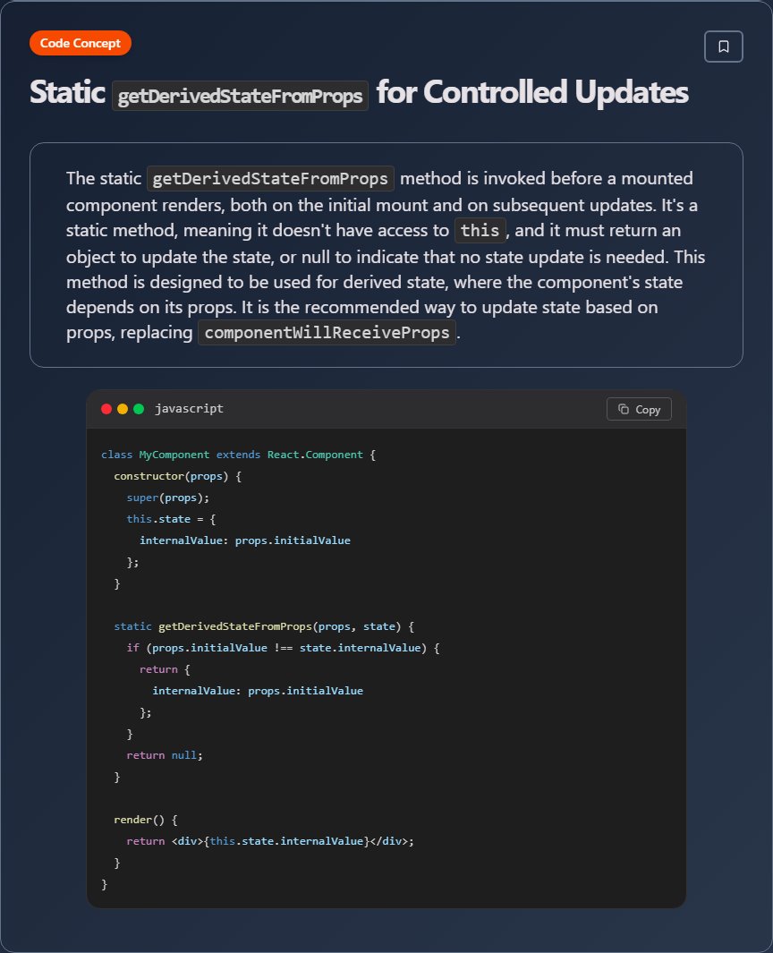 techielearns's tweet image. ✨ Static `getDerivedStateFromProps` for Controlled Updates (React Development)

#ReactJS #Frontend #WebDev #React #100DaysOfCode #DevLife