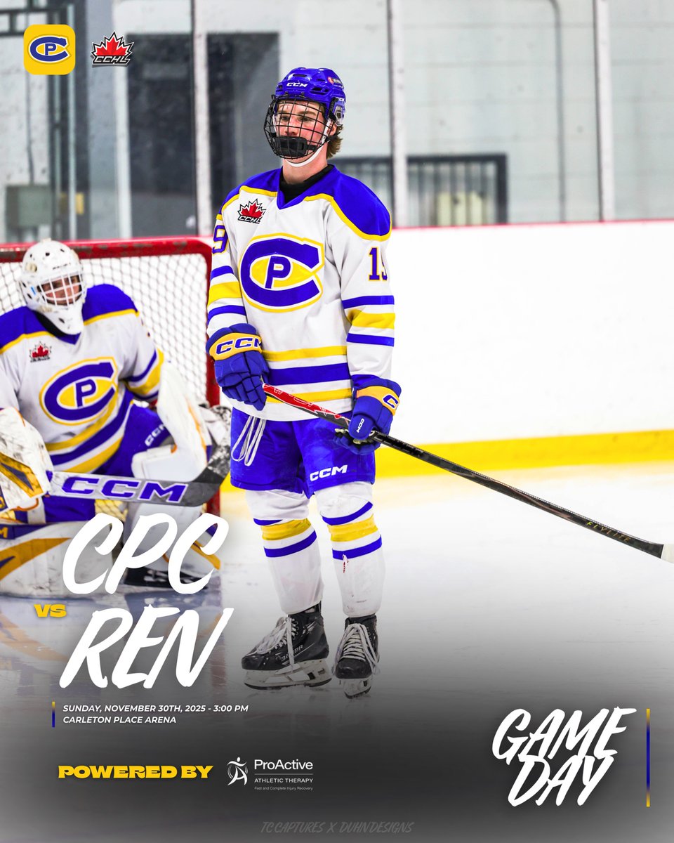 CPCANADIANS's tweet image. CANADIANS GAMEDAY
Powered by our friends @proactiveathletictherapy 

The Canadians host the Renfrew Wolves this afternoon at the Carleton Place Arena. Puck drop is set for 3:00 PM! Catch the action live on @flohockey 

🔵🟡🔵
#CPC