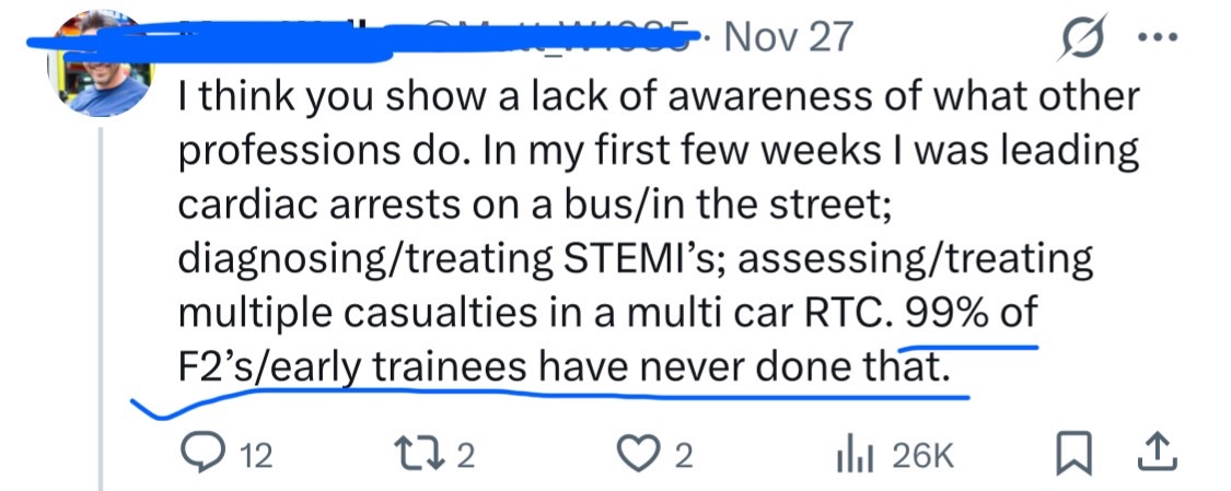 anaesthetic_spr's tweet image. Now I know where this paramedic got the confidence to think he is more knowledgeable and experienced than F2 doctors.

The @RCEMpresident @RCollEM told them that student ACPs are equivalent to ST1 doctors!