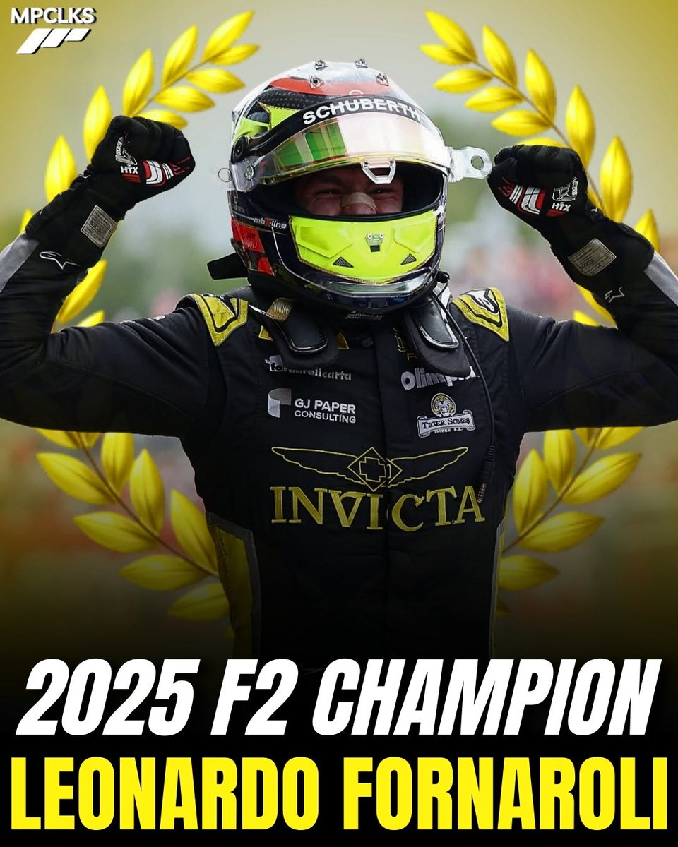 MotorspoClicks's tweet image. 🏆🇮🇹 LEONARDO FORNAROLI WINS THE FIA FORMULA 2 CHAMPIONSHIP IN 2025 WITH ONE SPARE ROUND

The Italian takes the championship home as Victor Martins wins the Qatar Grand Prix👏

#F2 #Fornaroli #Martins