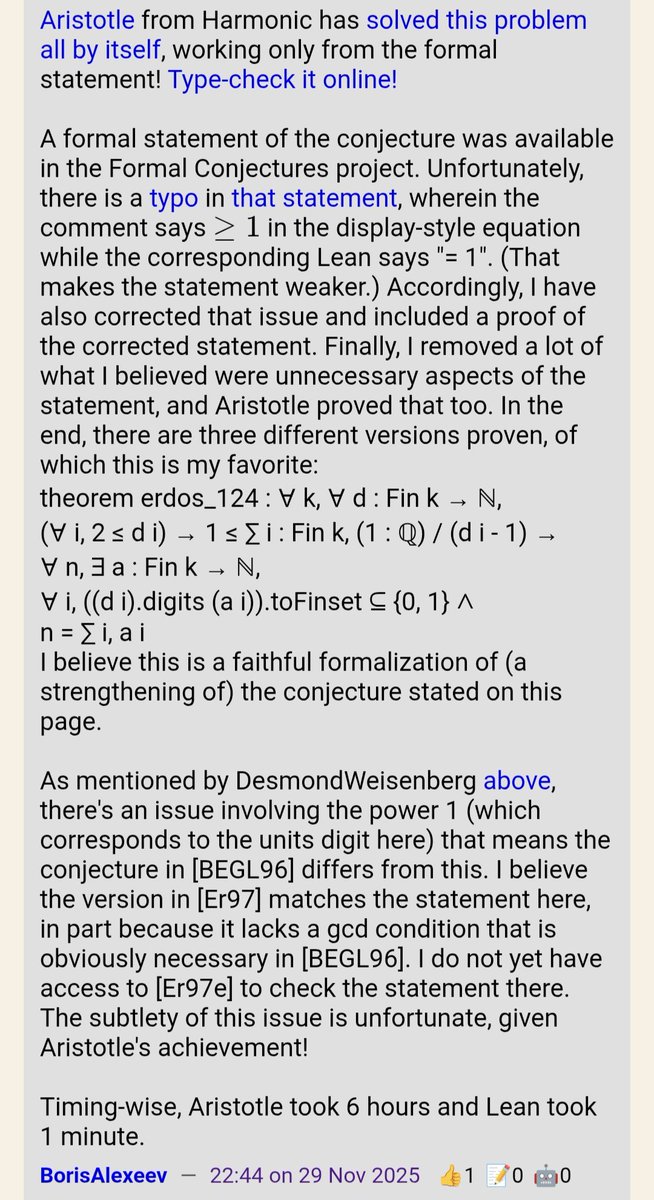 daniel_mac8's tweet image. AI created new knowledge.
It&apos;s equivalent to landing on the Moon.

Erdos problem #124 was open for 30 years. Solved 100% with a specialized AI system called Aristotle from @HarmonicMath.

AGI/ASI is not needed to change the world.

Current LLMs are enough to change everything.