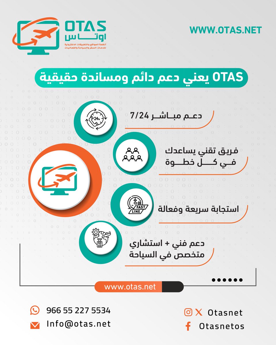 Travelplus_sa's tweet photo. خدمة العملاء في OTAS ليست مجرد رد على استفساراتك، بل شراكة حقيقية نوقف فيها معك خطوة بخطوة.

فريقنا متواجد على مدار الساعة لدعمك، وحريصين نجاوبك ونحل كل طلبك بأسرع وقت.

تواصل معنا اليوم، وابدأ في بناء موقعك

🔗 https://t.co/RZwtgrAd5b

#Otas #منصة_أوتاس https://t.co/P3gJT2zA0S