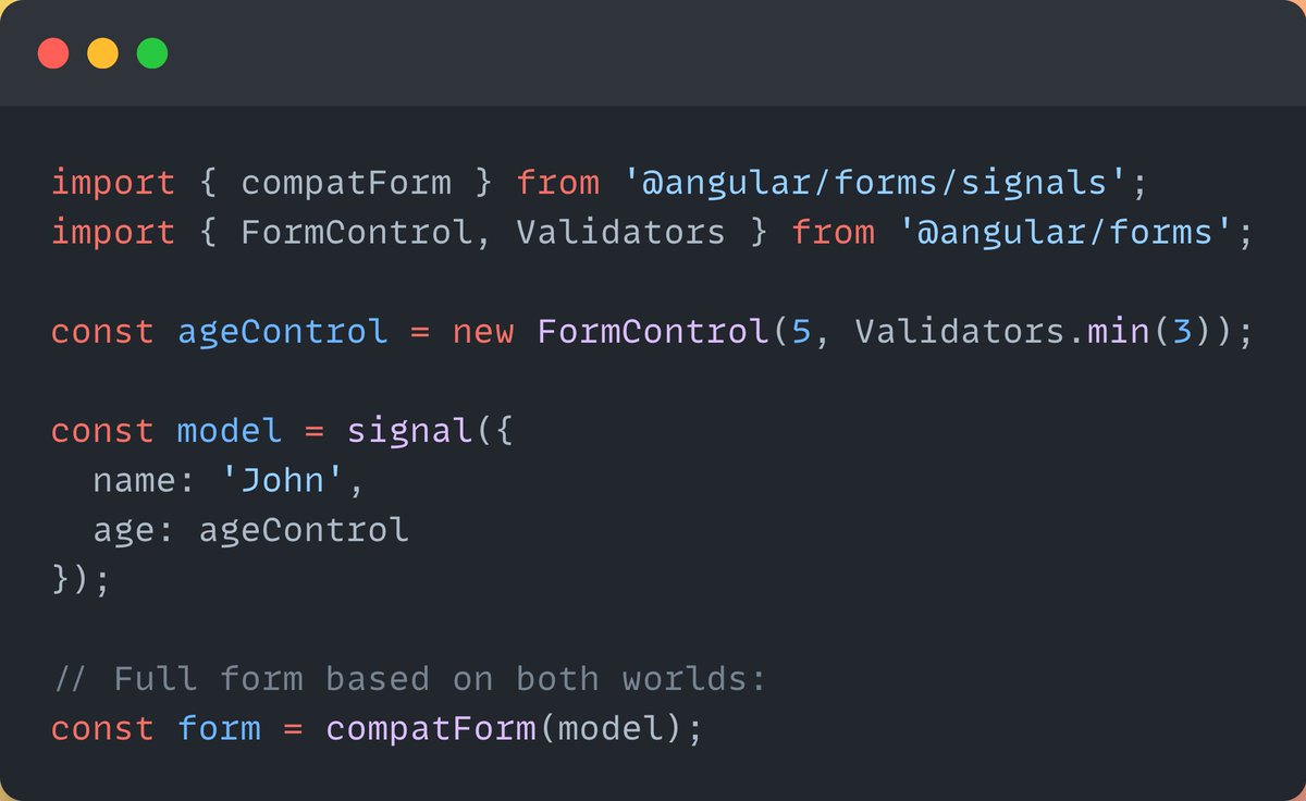 m_stefanczyk's tweet image. Angular 21:
compatForm is the key to migrating from Reactive Forms → Signal Forms without rewriting your whole app.
-Mix FormControl with signal fields
-Full two-way sync
-Keep validators from the old API
-Use new rules where possible
-Access original controls via .control()
