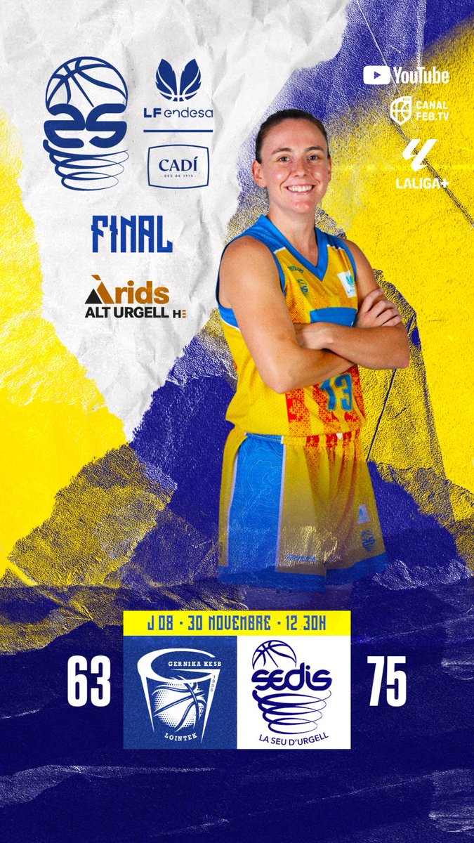 🦋 #LFEndesa J8 l FINAL

⬛️🟥 <a href="/GKesb/">Lointek Gernika Bizkaia</a> 63
⬜️🟦 <a href="/sedisbasquet/">AE Sedis Bàsquet</a> 75

📍Maloste

📺 canalfeb.tv l youtube <a href="/BaloncestoESP/">Baloncesto España</a> | <a href="/LaLigaPlus/">LALIGA+</a> 

 Som-hi!!! 💙🤍

#sentelsedis🏔️🏀