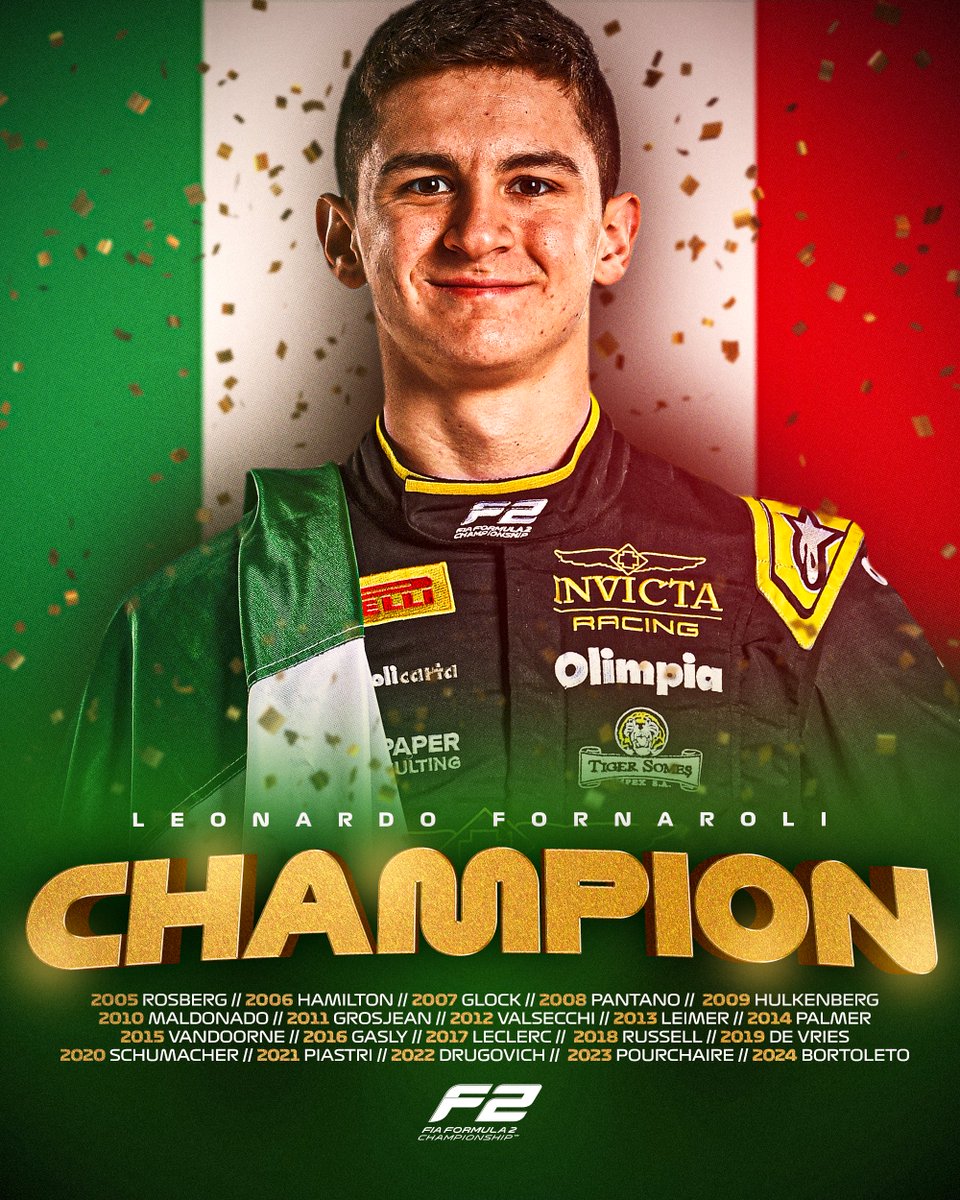 F1's tweet image. Leonardo Fornaroli is our 2025 @Formula2 champion! 🏆

It’s back-to-back titles for the Italian driver who took the F3 crown in 2024 🇮🇹👏

#F1 #F2 #RoadToF1