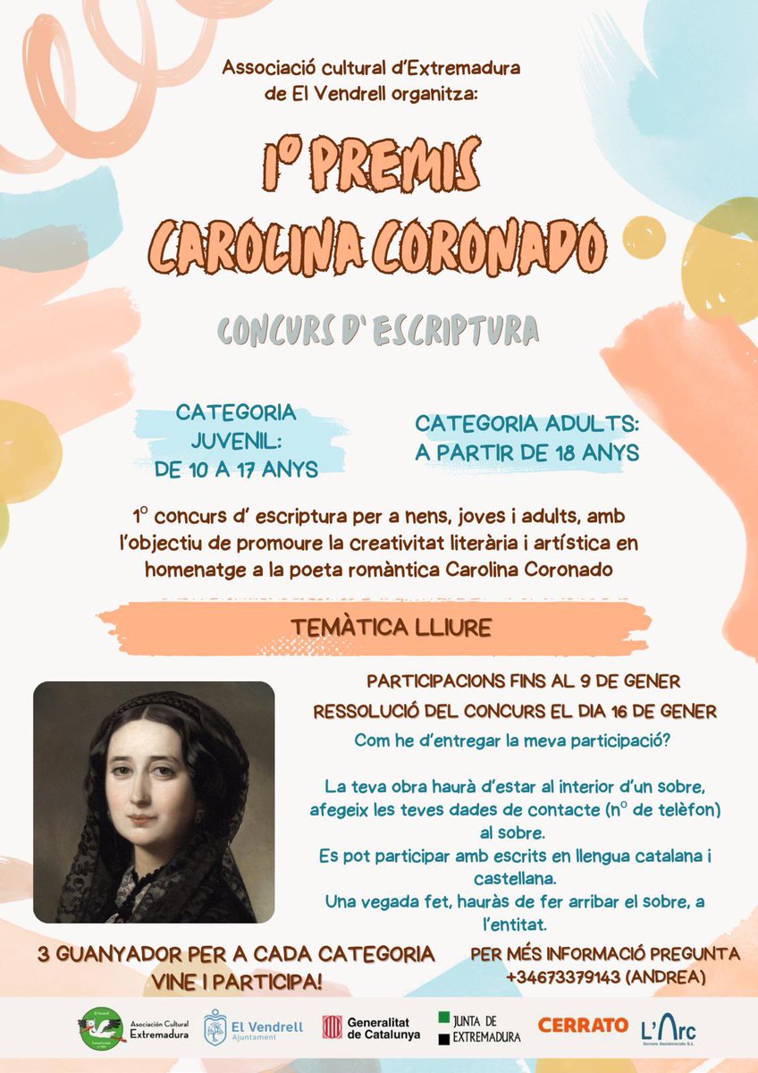 AGonzalezBondia's tweet photo. Primera edició del concurs d’escriptura Carolina Coronado, organitzat per l’Associació Cultural d’Extremadura del Vendrell.
Participa-hi! https://t.co/ytMRc9OZ8x