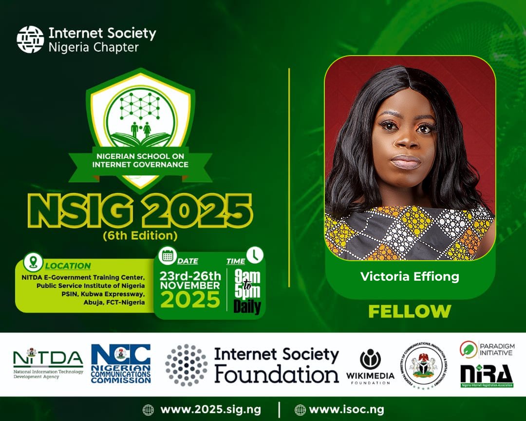 VickywizeE's tweet photo. I am super proud to share that I have been inducted into the Nigerian School of Internet Governance (NSIG)! This is an incredible opportunity for me to deepen my understanding of internet governance and its impact on our daily lives.
Victoria Effiong, FNSIG https://t.co/9kZOdAiiXt