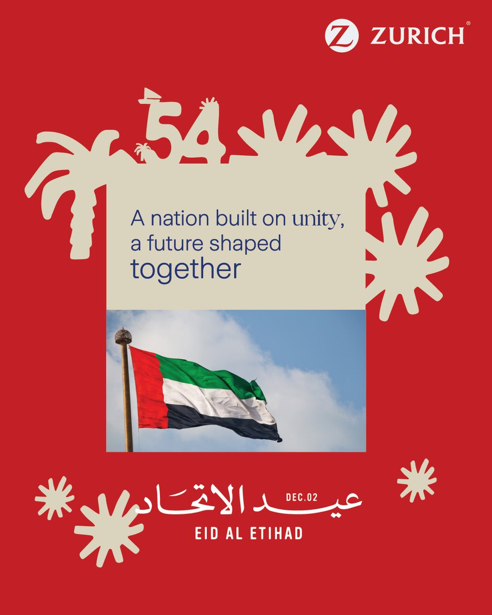 From all of us at Zurich, we celebrate the UAE's spirit of unity. 
Together, we grow. Together we achieve. ❤️ 🇦🇪 

#EidAlEtihad #UAENationalDay