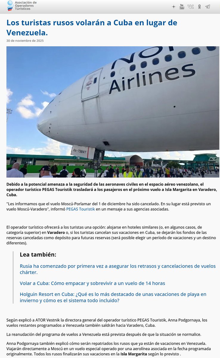 Gbastidas's tweet photo. 🔴ATENCIÓN. Rusia cancela vuelos Moscú-Porlamar tras la alerta de Trump sobre el cierre del espacio aéreo de Venezuela.

La Asociación de Operadores Turísticos de Rusia informó que los turistas rusos serán desviados a Varadero, Cuba.
https://t.co/Dgo2j80HvT https://t.co/ydhimF88va